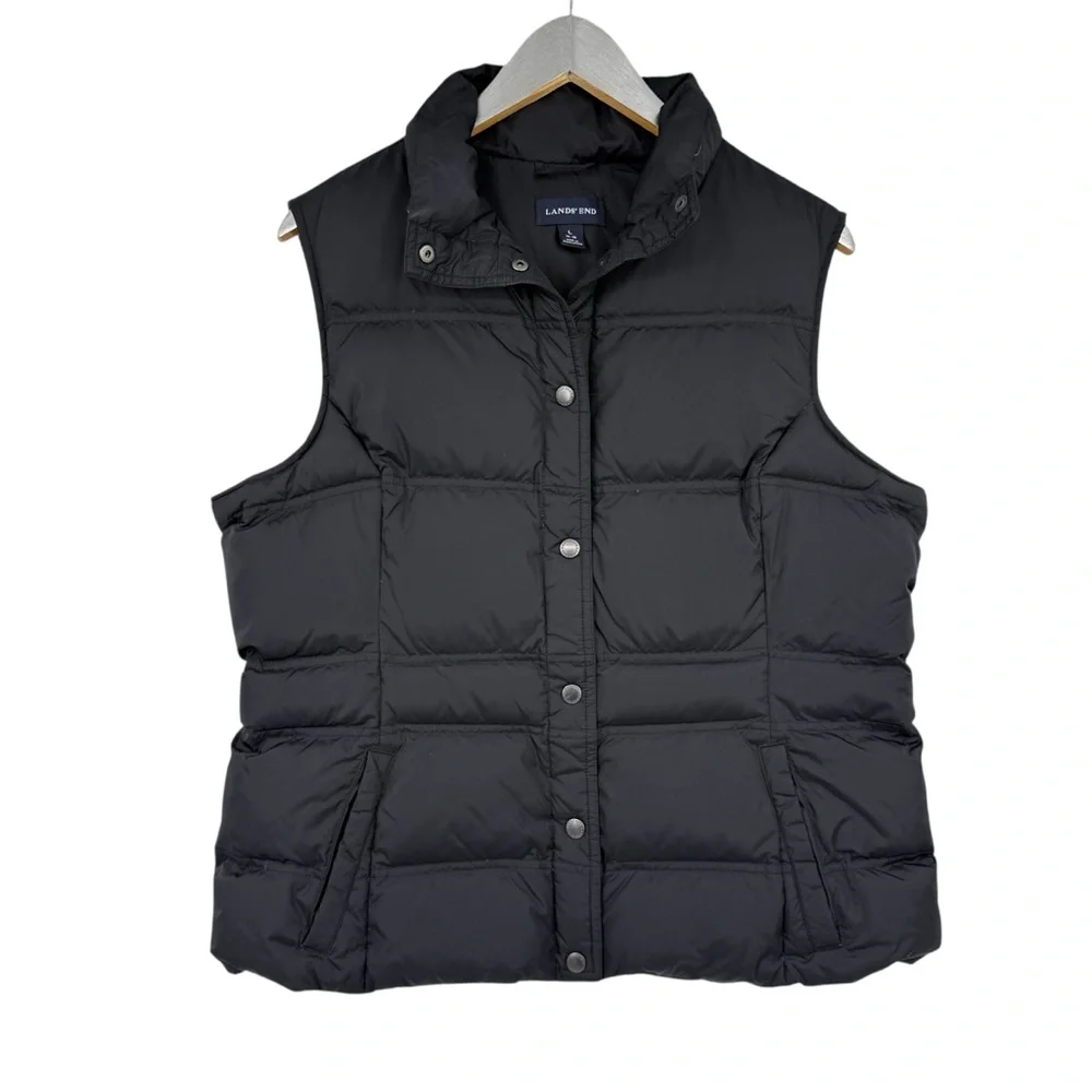 Lands End Womens Down Vest Size Large 14-16 Black Puffer Snap Outdoors - Picture 1 of 7